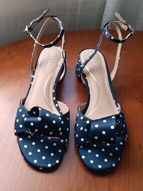 NWT Cole Haan Florette Navy & White Polka Dot Ankle Strap Block Heel Sandal